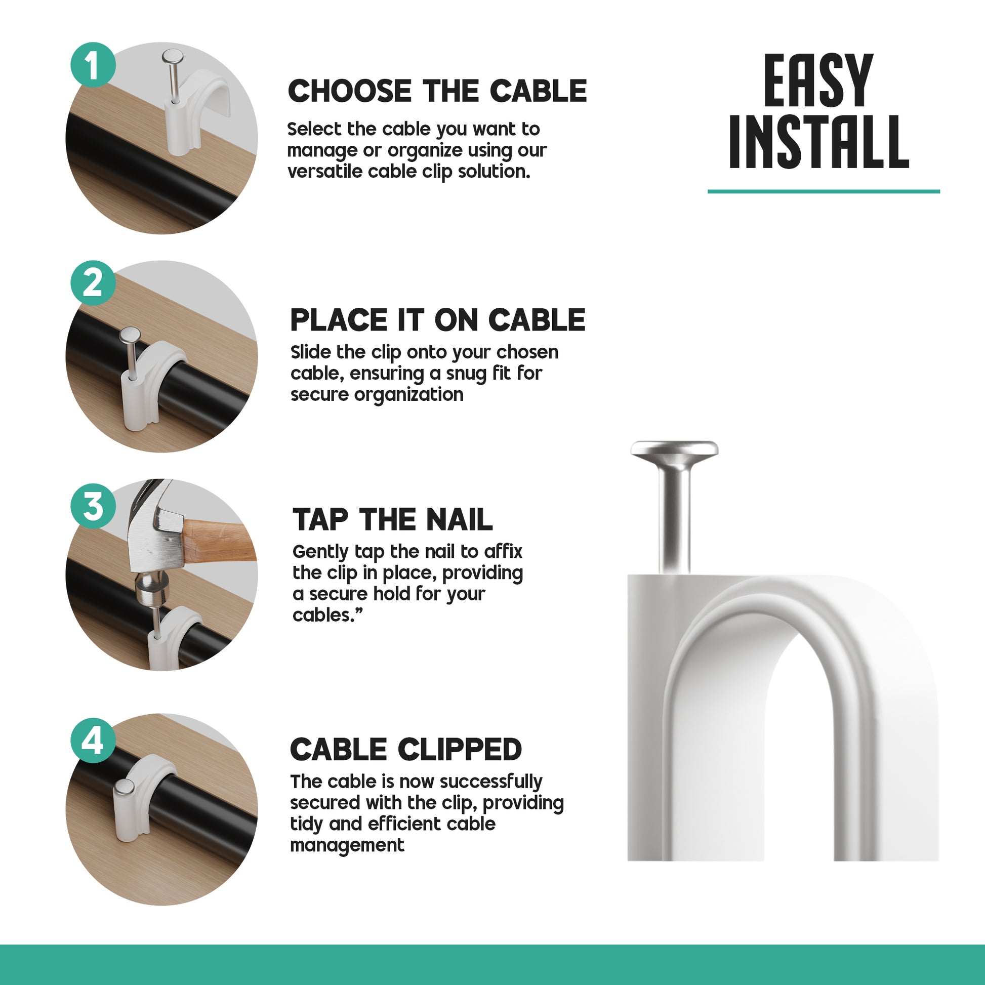 100 Pack White Cable Clips with Strong Steel Nail Clips Round Cable Wire Clips