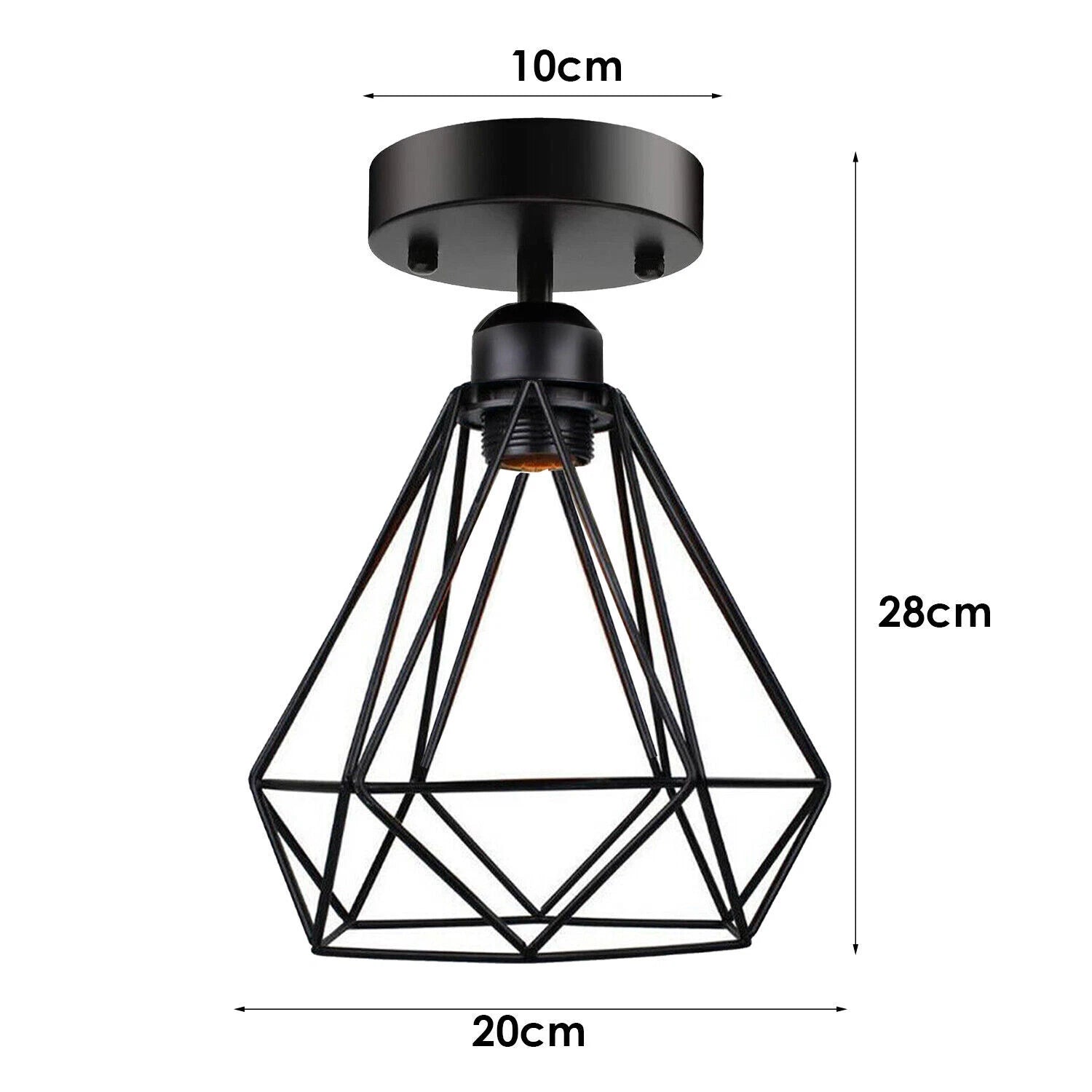 Black geometric ceiling light fixture with measurements on a white background