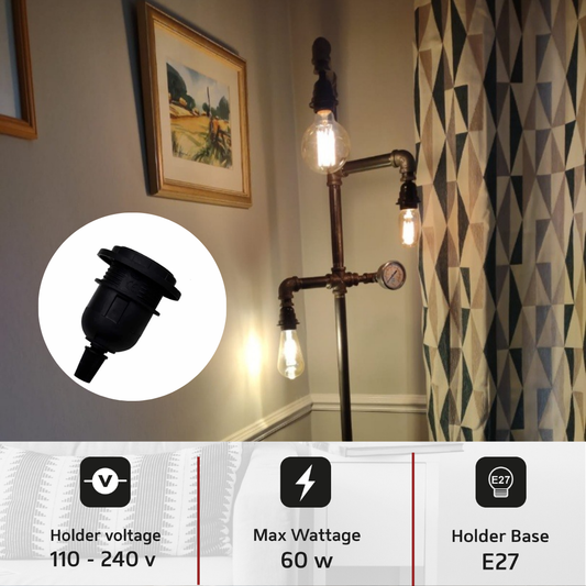 Zwarte E27 hanglamphouder met kapring en snoerklem~2967