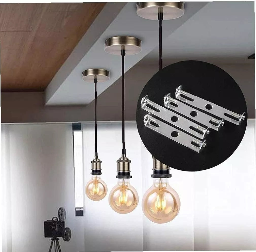Three pendant lights with bulbs hang from ceiling roses, with a magnified inset showing three 70mm ceiling rose strap brackets, or brace plates, used for installation.