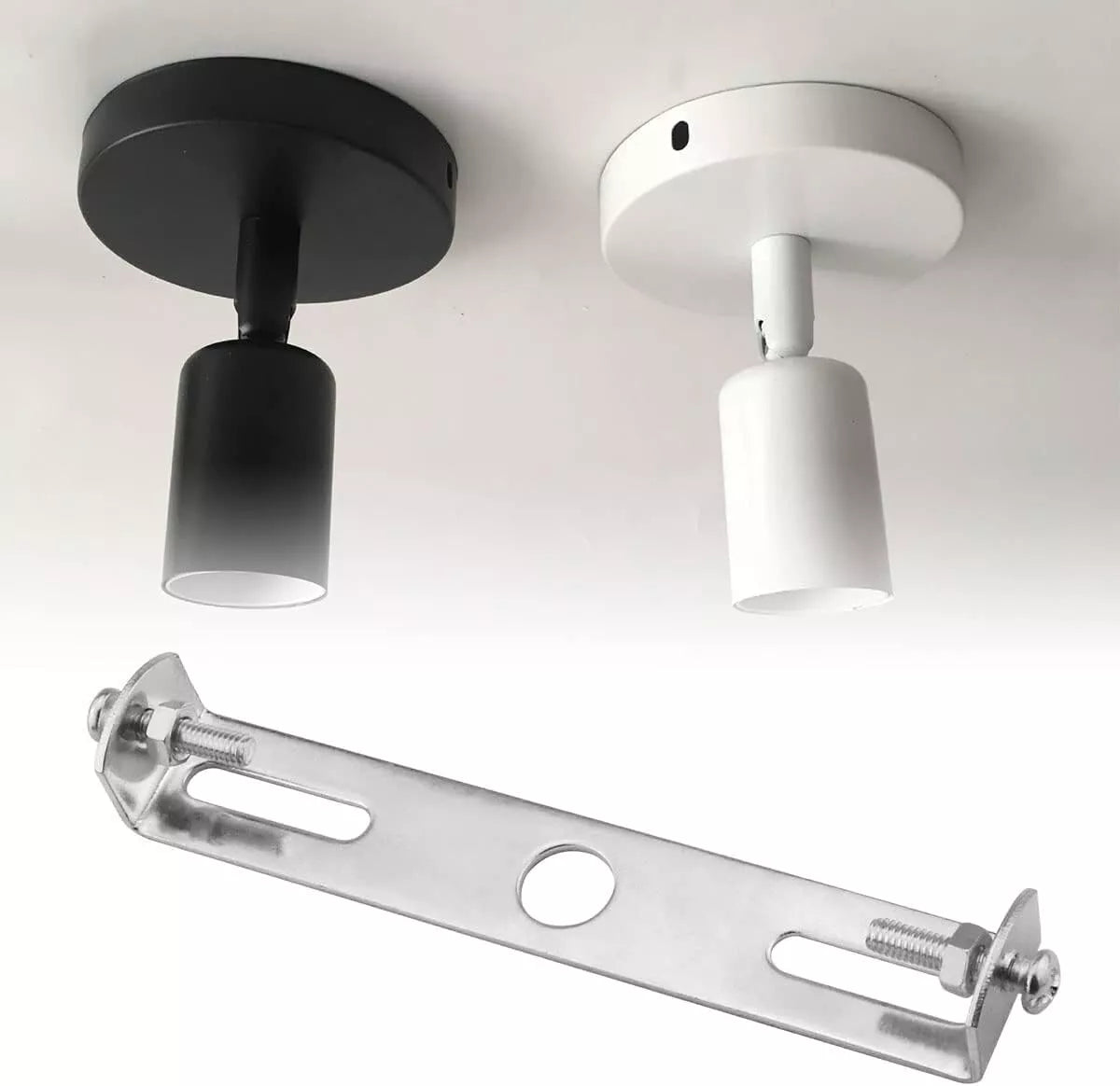 70mm ceiling rose strap bracket is displayed in the foreground, with two ceiling rose light fixtures, one black and one white, in the background.