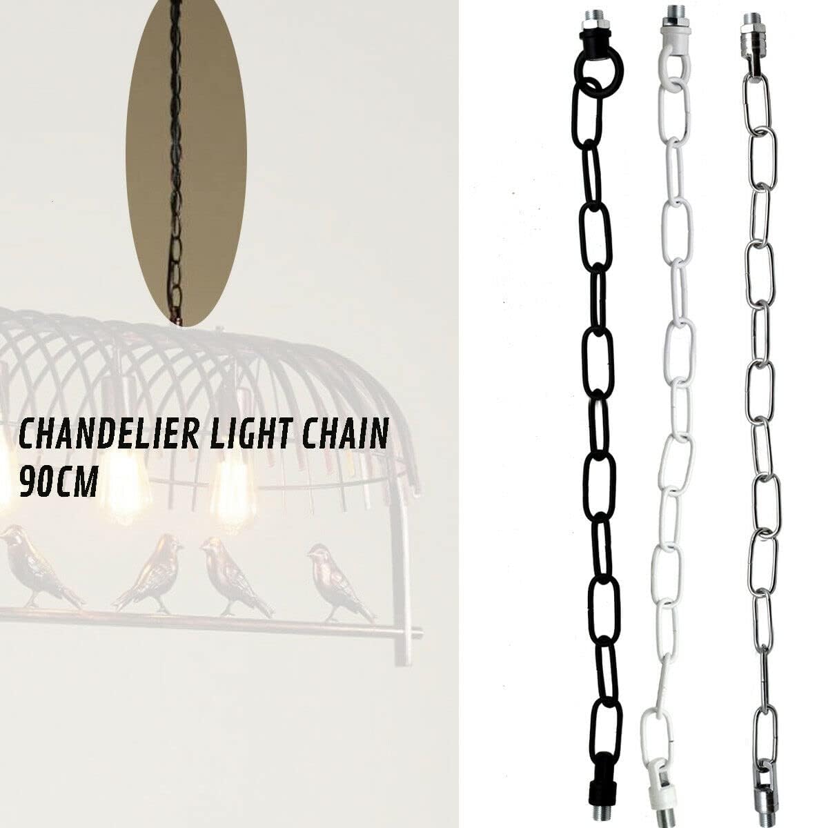 Chandelier light chain with black and white options on a white background