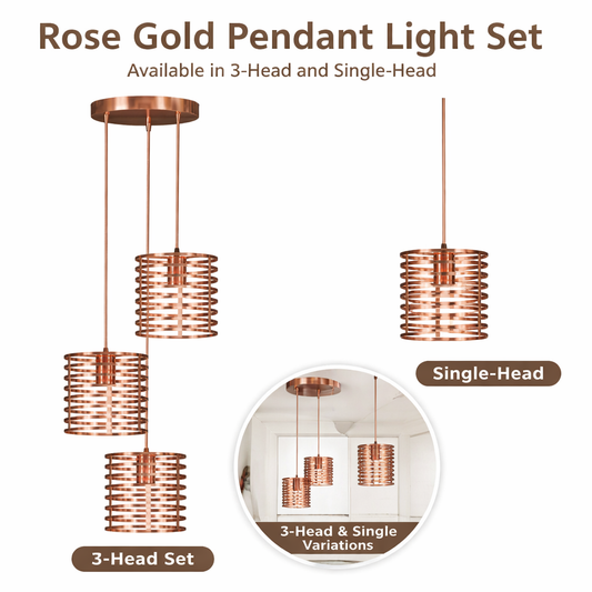 Rose Gold Pendant Light Set of 3 & Single Head – Modern Hanging Ceiling Lamp with Metal Cage, 1m Cable ~6457