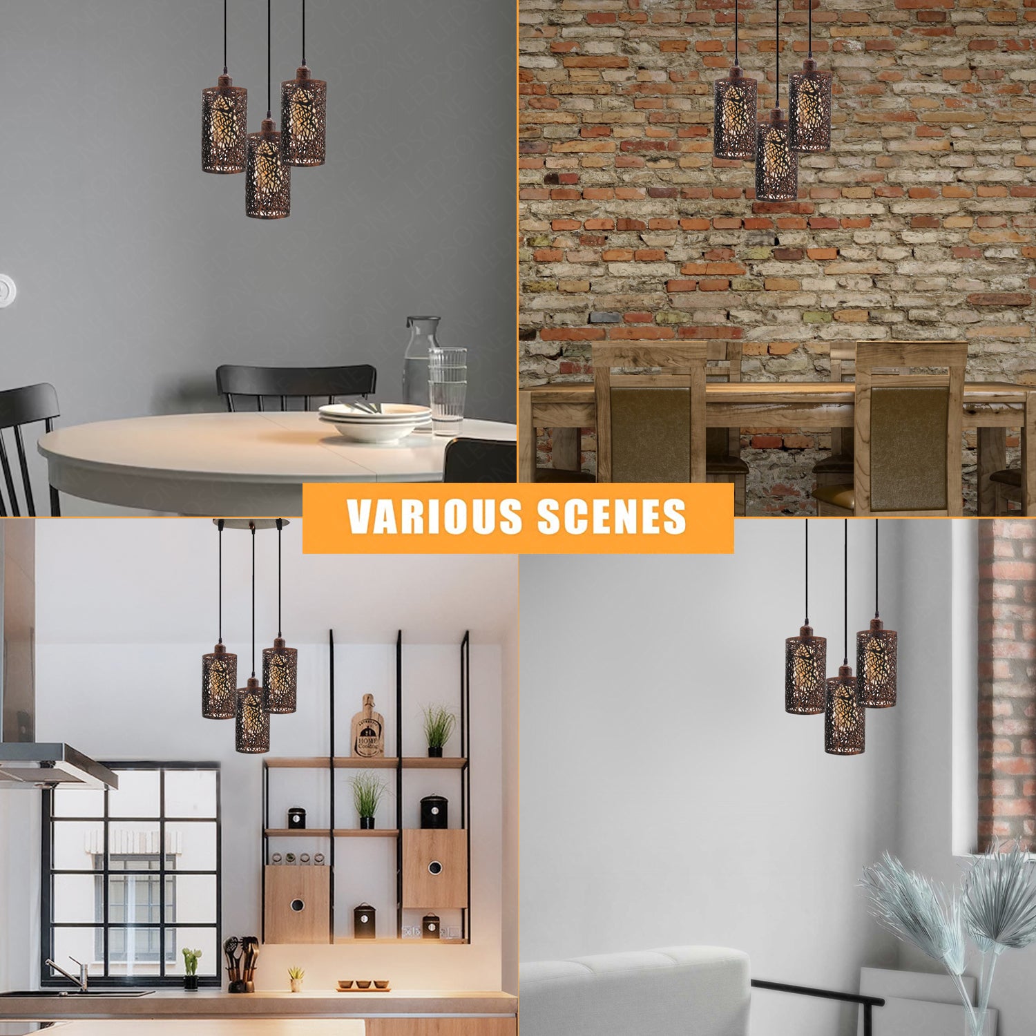 Collage of a pendant light fixture in different interior settings.