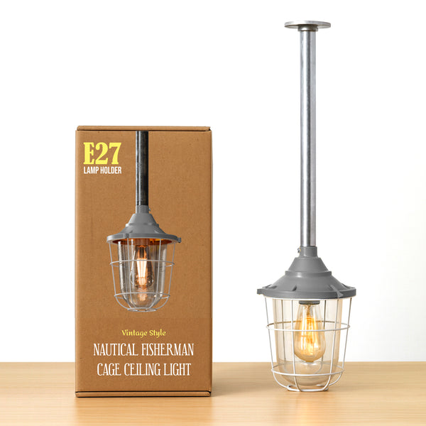 3/4 Entry Lantern Caged Steampunk Pipe Conduit Pendant Light Kit ~6102 – Grey / No