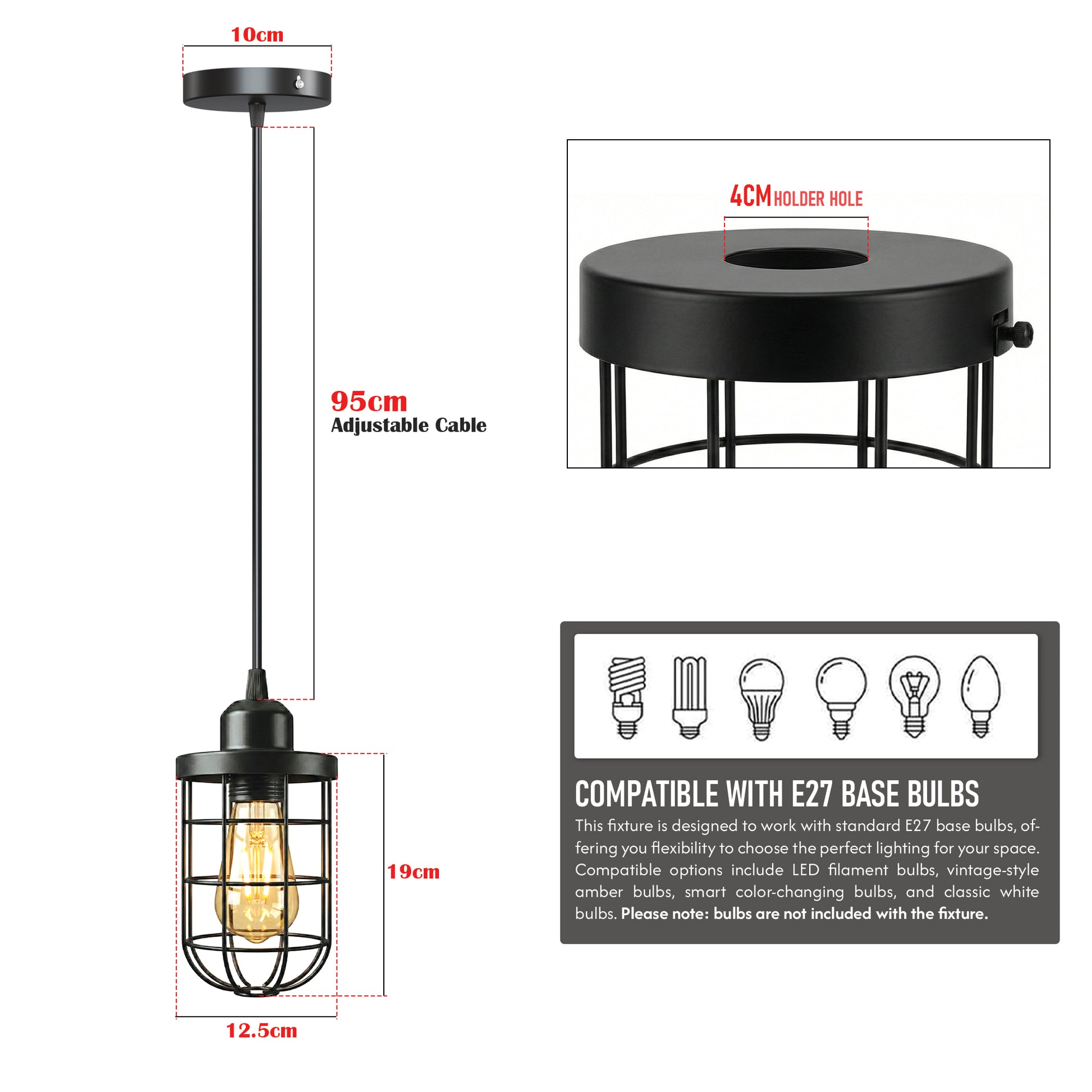 Black pendant light with measurements and bulb compatibility information on a white background
