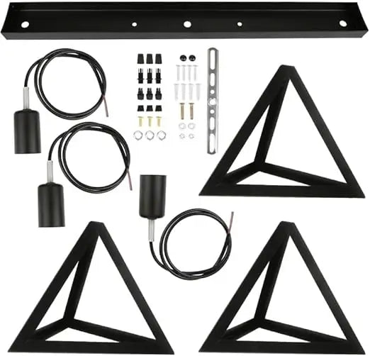 Black wrought iron triangle pendant lamp with staggered heights.