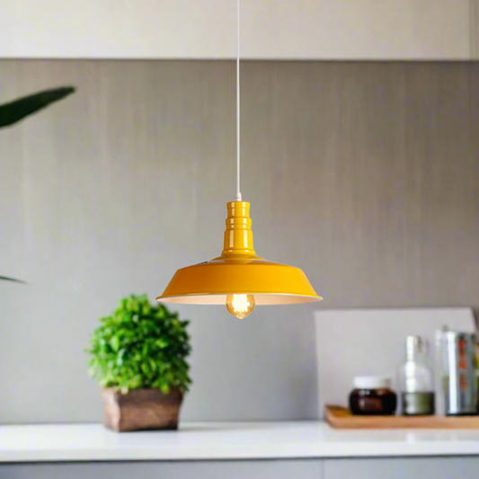 Gele hanglamp, lampenkap, plafondlamp met gloeilamp~1796