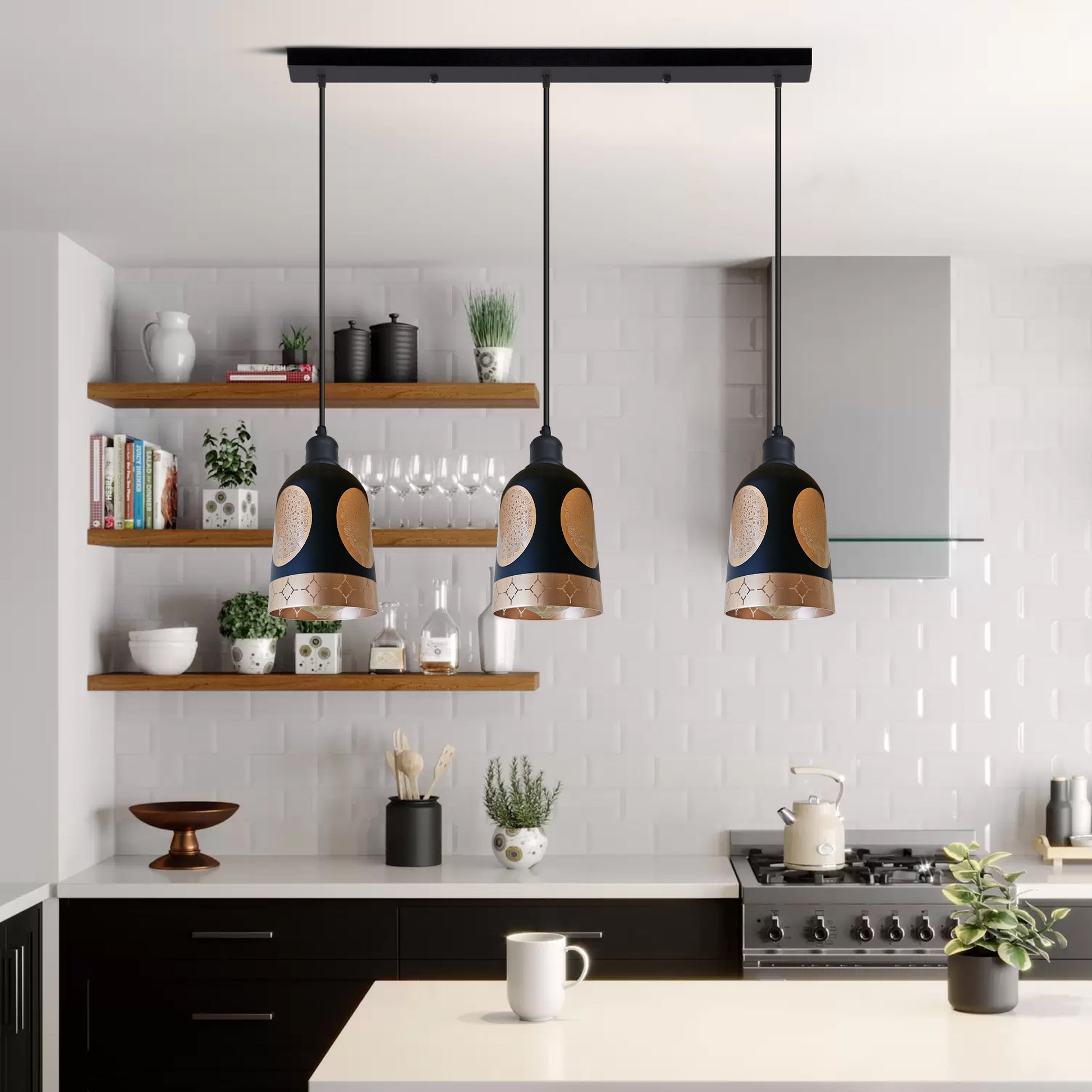 Modern kitchen with pendant lights