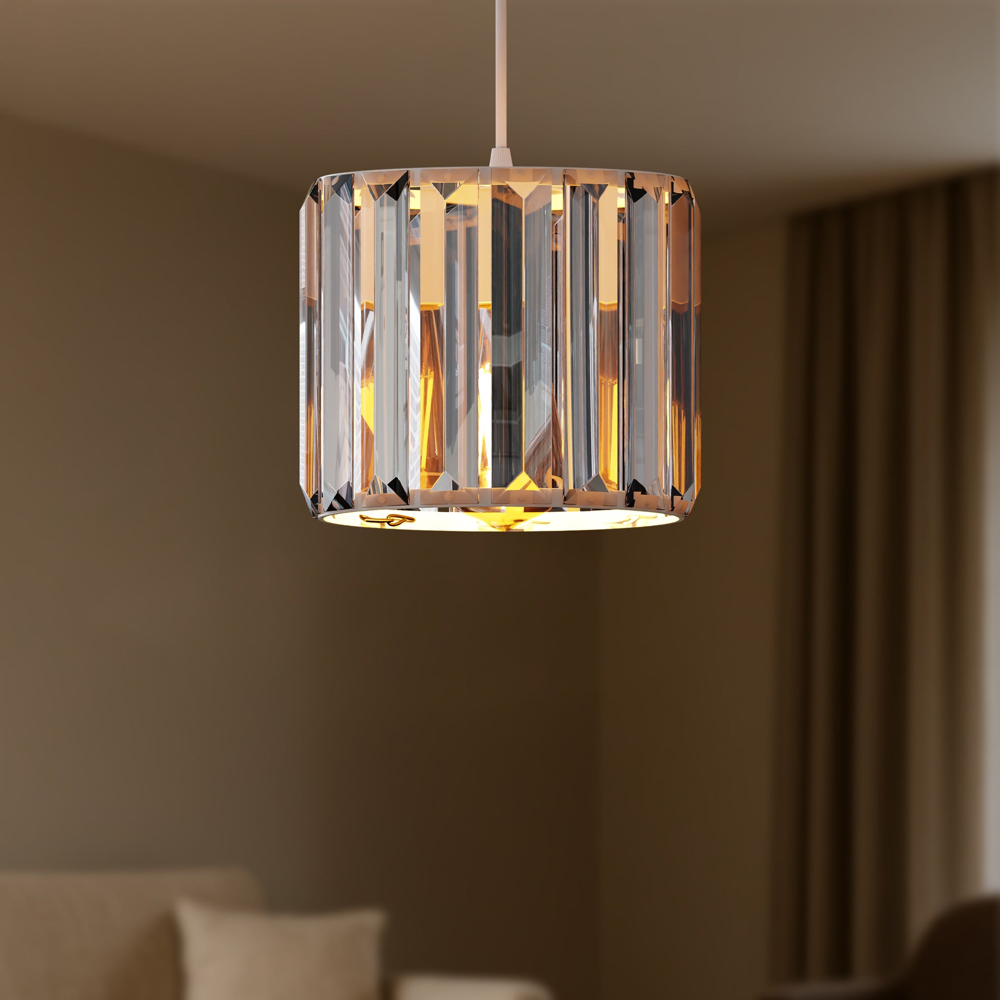 Modern pendant light with crystal design in a room setting