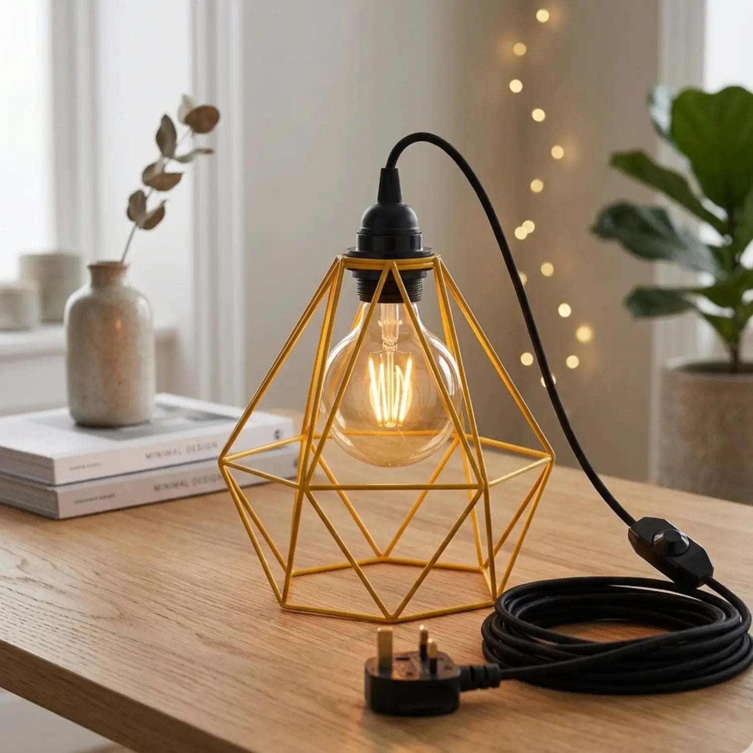 Geometric gold lamp with a lit bulb on a wooden surface, surrounded by decor items.