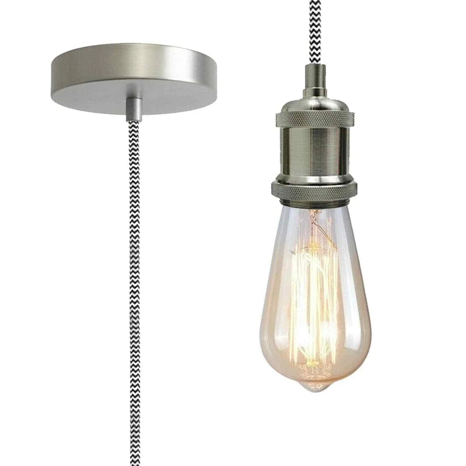 vintage pendant light black and white fabric cable satin nickel holder E27 lamp holder vintage pendant light kit satin nickel pendant 1m black and white cable