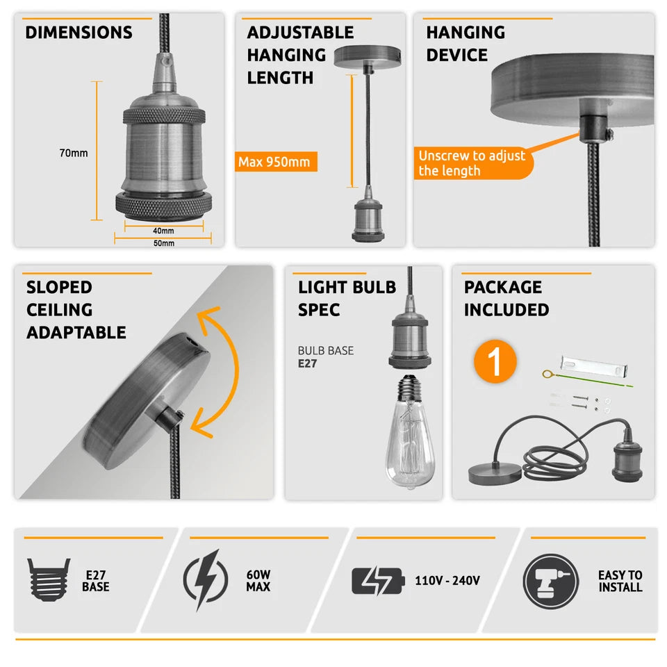 vintage pendant light black and white fabric cable satin nickel holder E27 lamp holder vintage pendant light kit satin nickel pendant 1m black and white cable