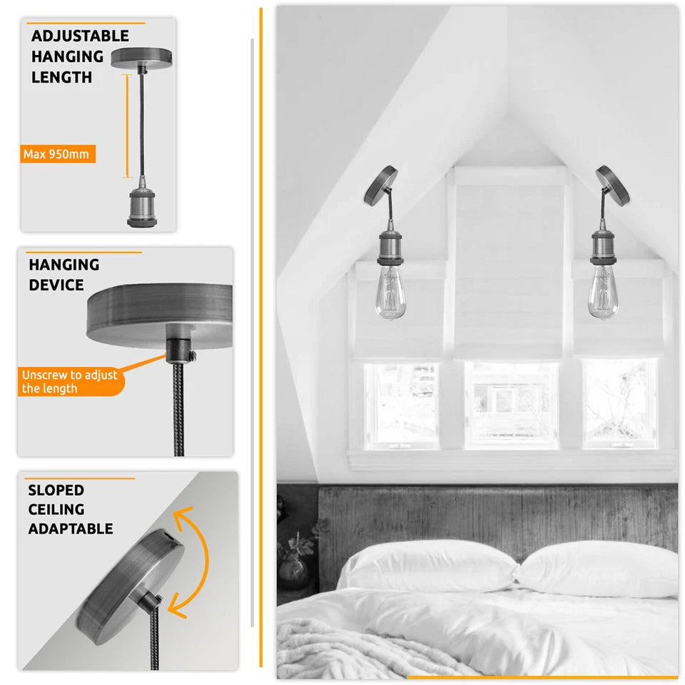 vintage pendant light black and white fabric cable satin nickel holder E27 lamp holder vintage pendant light kit satin nickel pendant 1m black and white cable