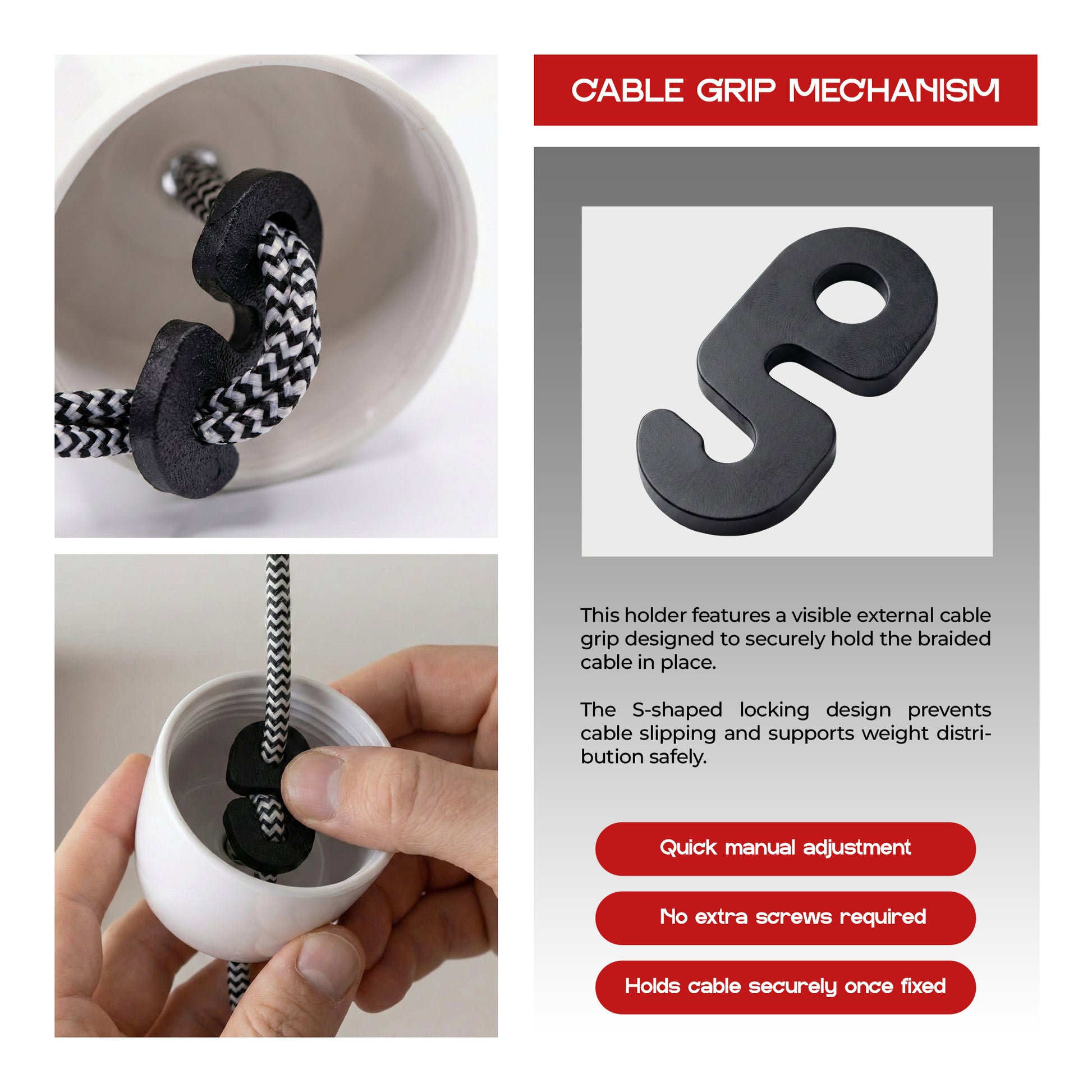 Cable holder with S-shaped locking mechanism and text explaining its features.