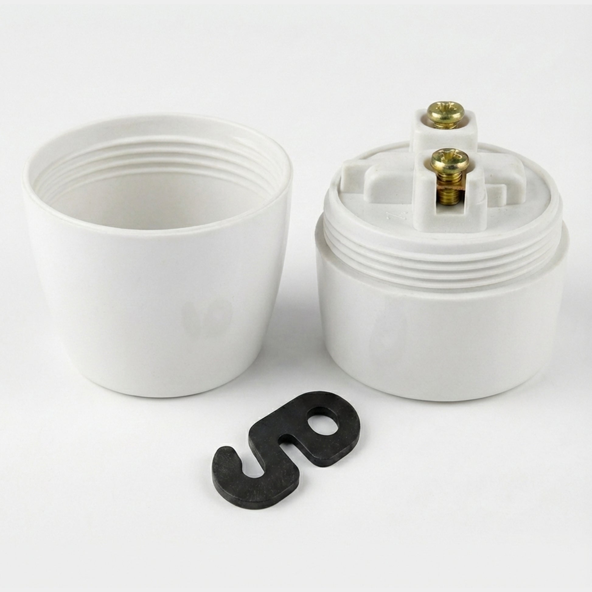 Two white lamp sockets with a black rubber washer on a white background