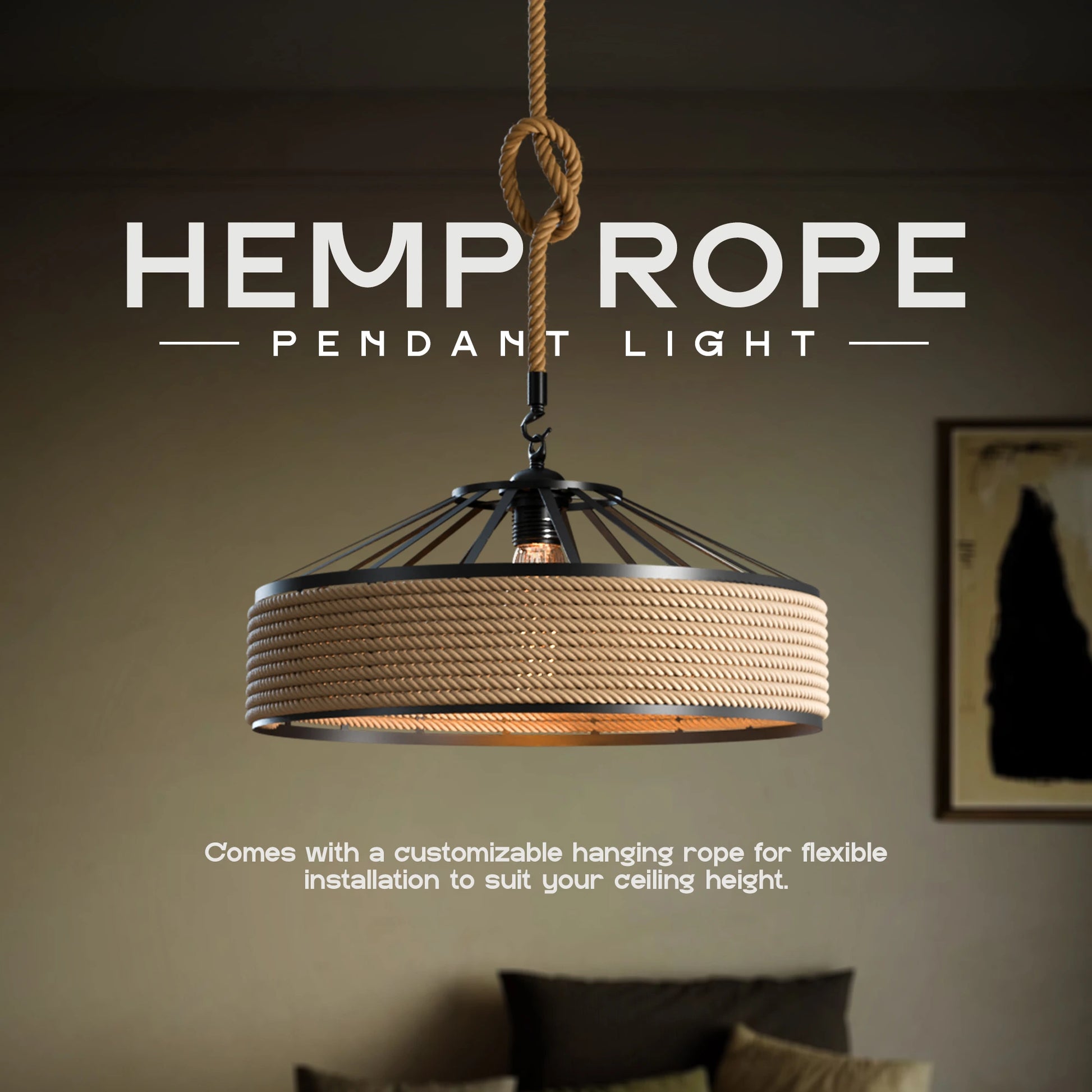 Handmade hemp rope ceiling light with industrial charm for bedrooms and living rooms.