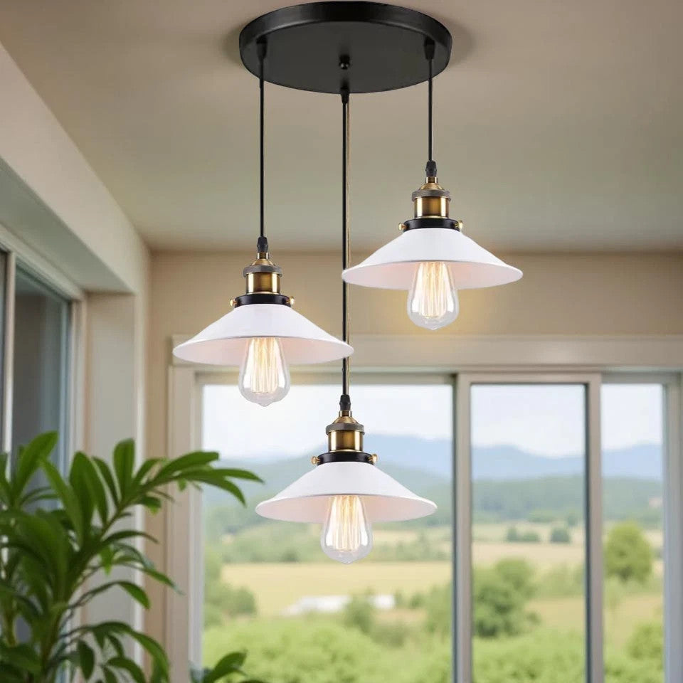 Three pendant lights with white shades