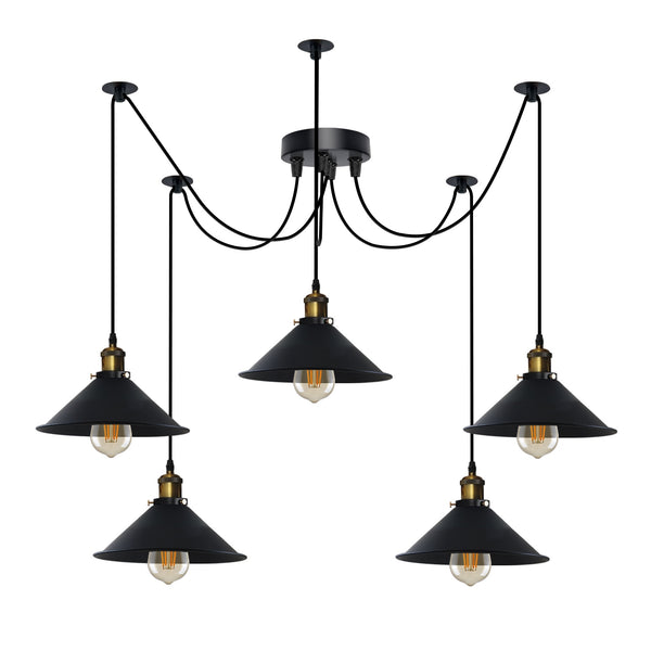 5-lichts E27-pendellamp met verstelbare kabel en swag-licht~5126 – Zwart / Met lamp