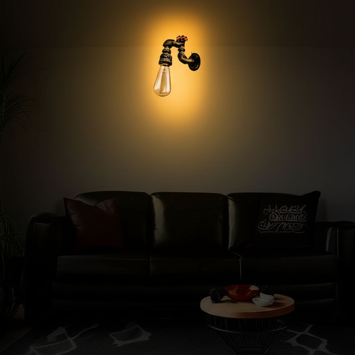steampunk pipe wall light mounted on brick wall