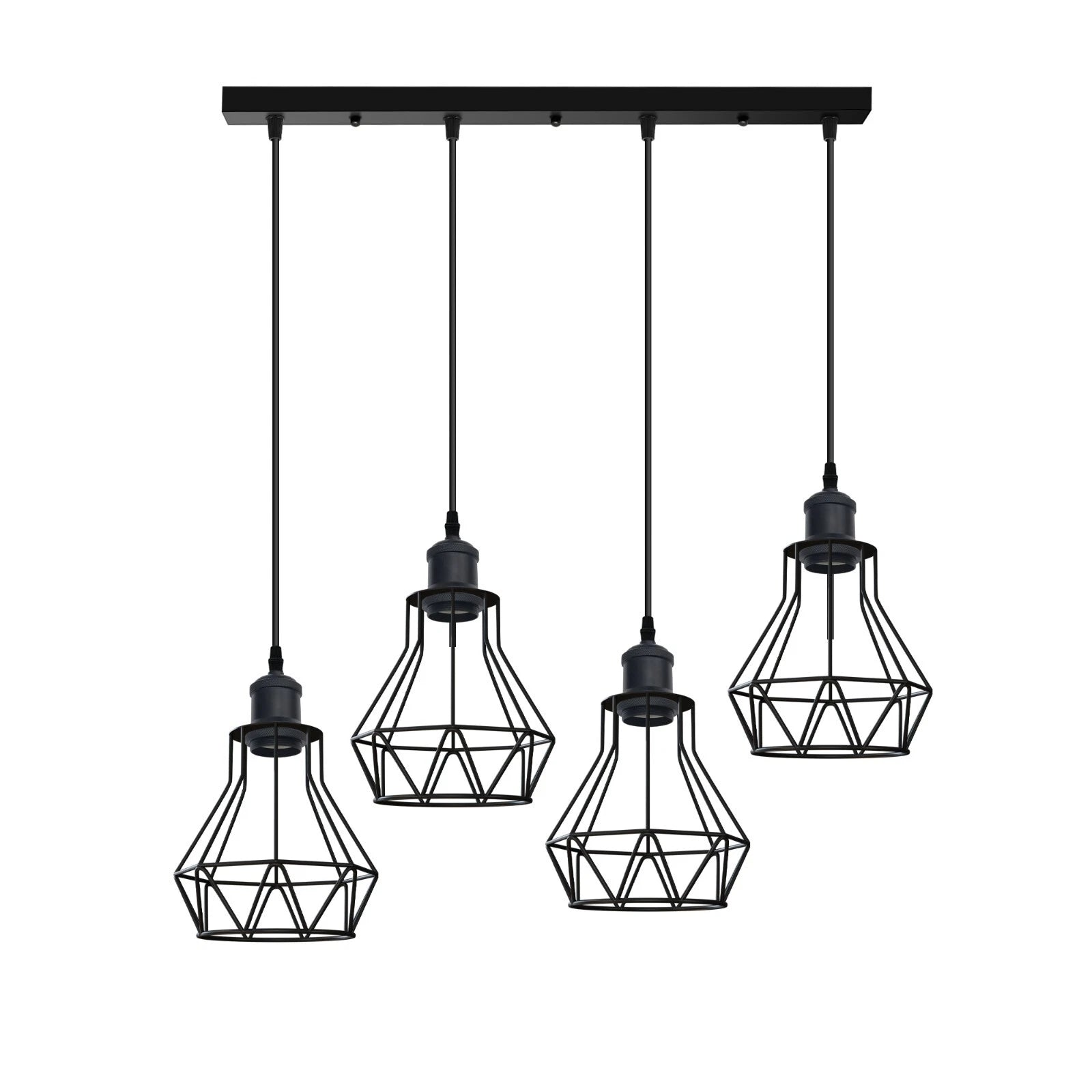 Four industrial pendant ceiling lights with black wire cage lampshades hang from a black rectangular ceiling bar.