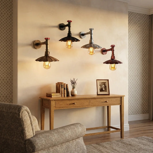 Vintage industriële pijpwandlamp met parasolkap ~1250