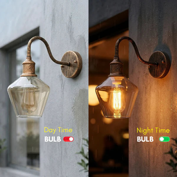 Wall-mounted light fixture showing difference between day and night time.
