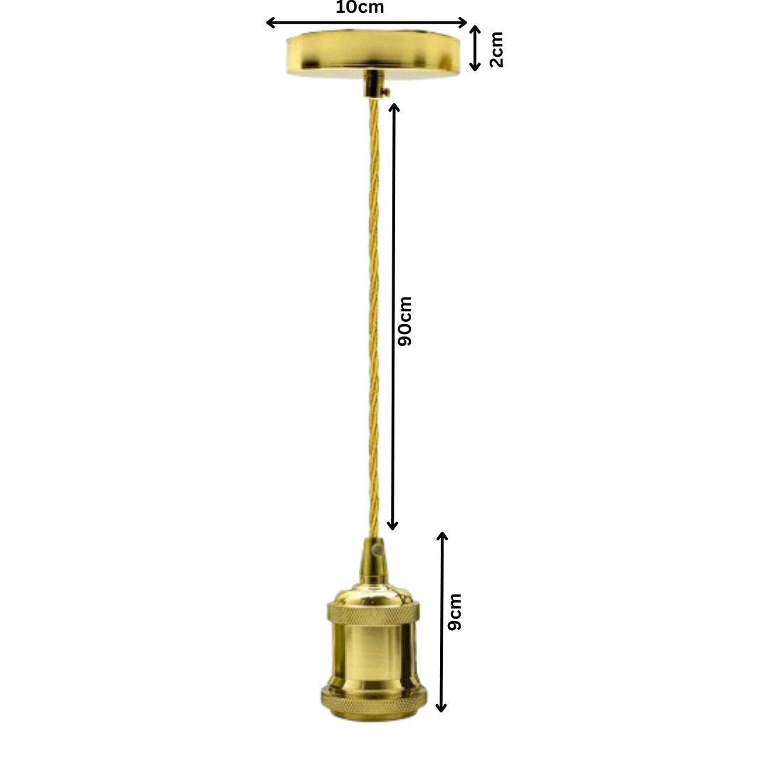 A French gold 1-meter twisted cable pendant light with an E27 holder, showing aceiling rose diameter, 2cm ceiling rose height cable length, and  holder height.