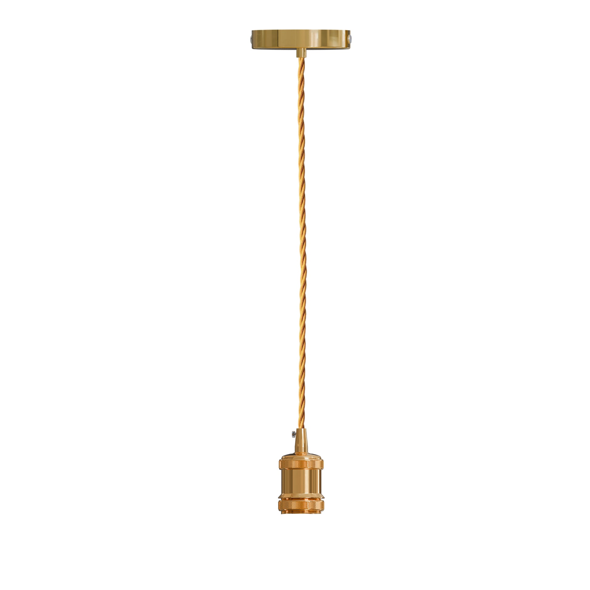 A single French gold pendant light with a twisted fabric cable and an E27 holder