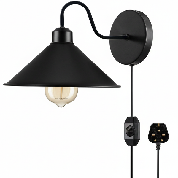 E27 Plugin Wall Light With Dimmer ~6442 – Black / Yes