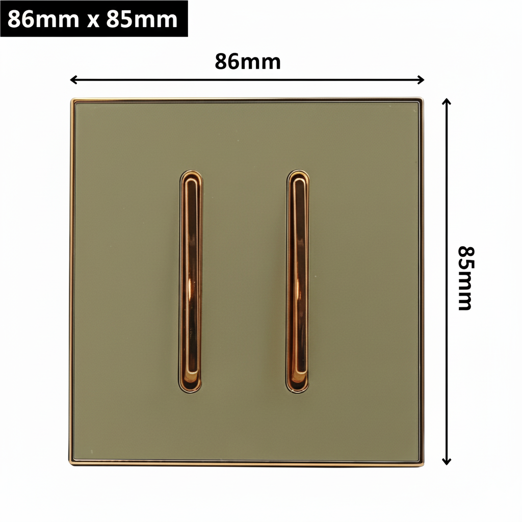 Green square with gold slots and dimensions labeled