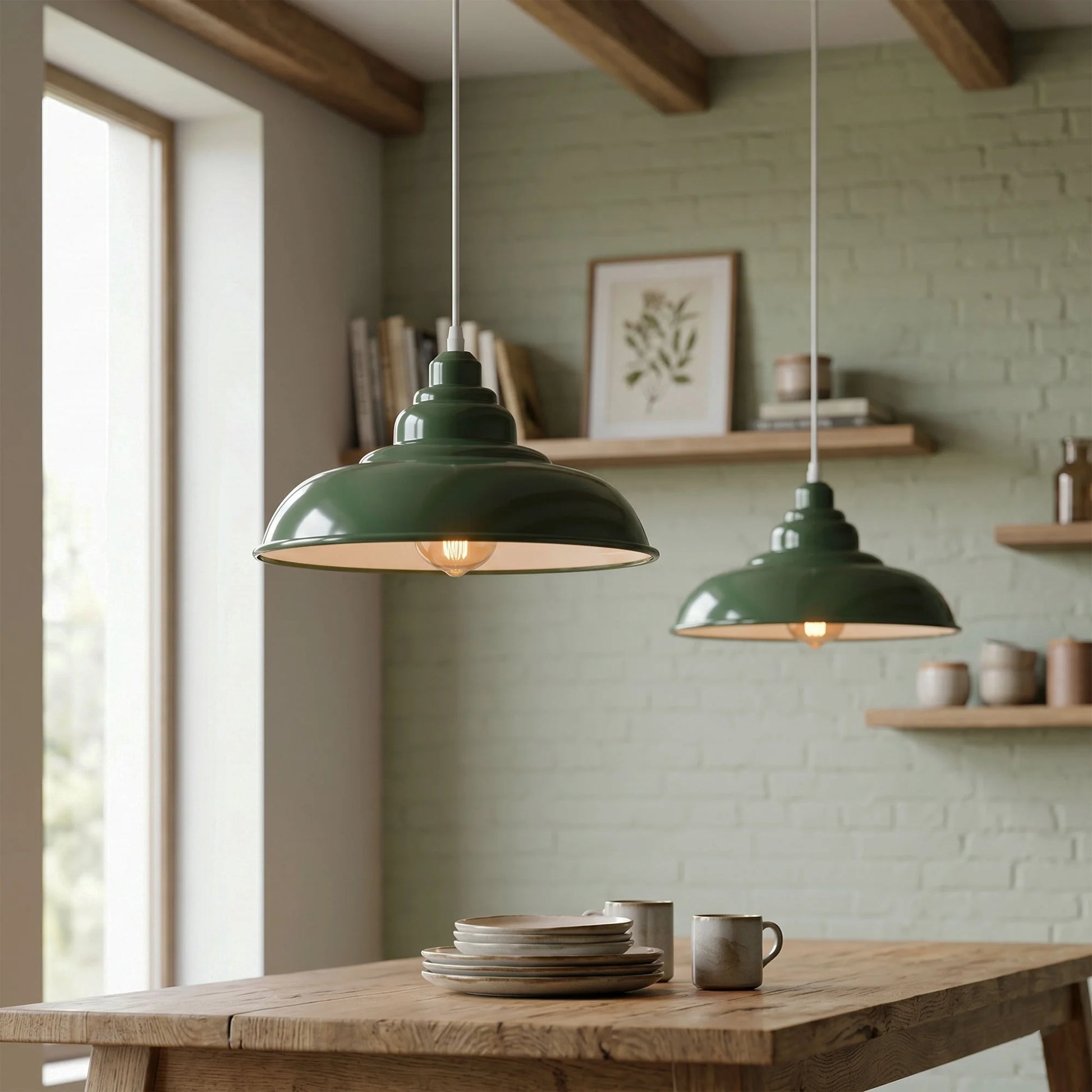 Green pendant lights hanging above a wooden table with a cozy interior setting.