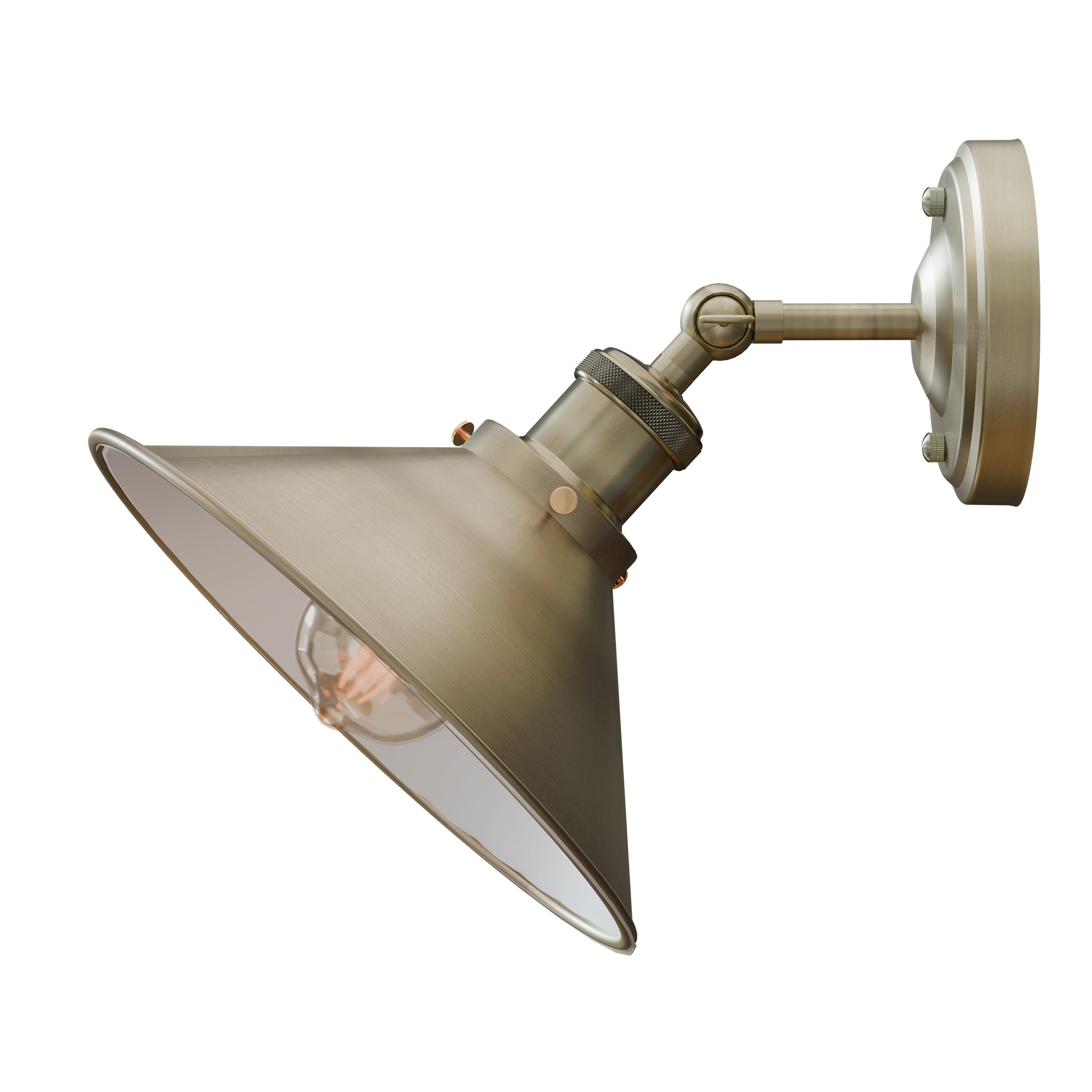 green coloured industrial metal wall light sconce with an adjustable arm and a cone-shaped shade, with a visible light bulb inside.