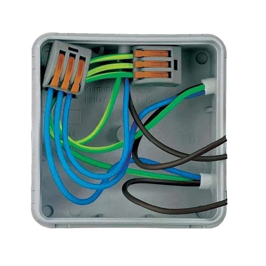Interior view of a waterproof junction box with lever terminal connectors wiring blue, brown, and green/yellow cables.
