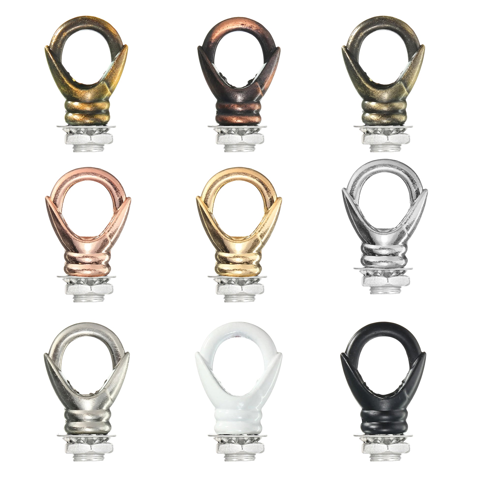 A collection of ceiling hook rings in various colors including gold, silver, black, and white, designed to be fitted onto a lighting fixture.