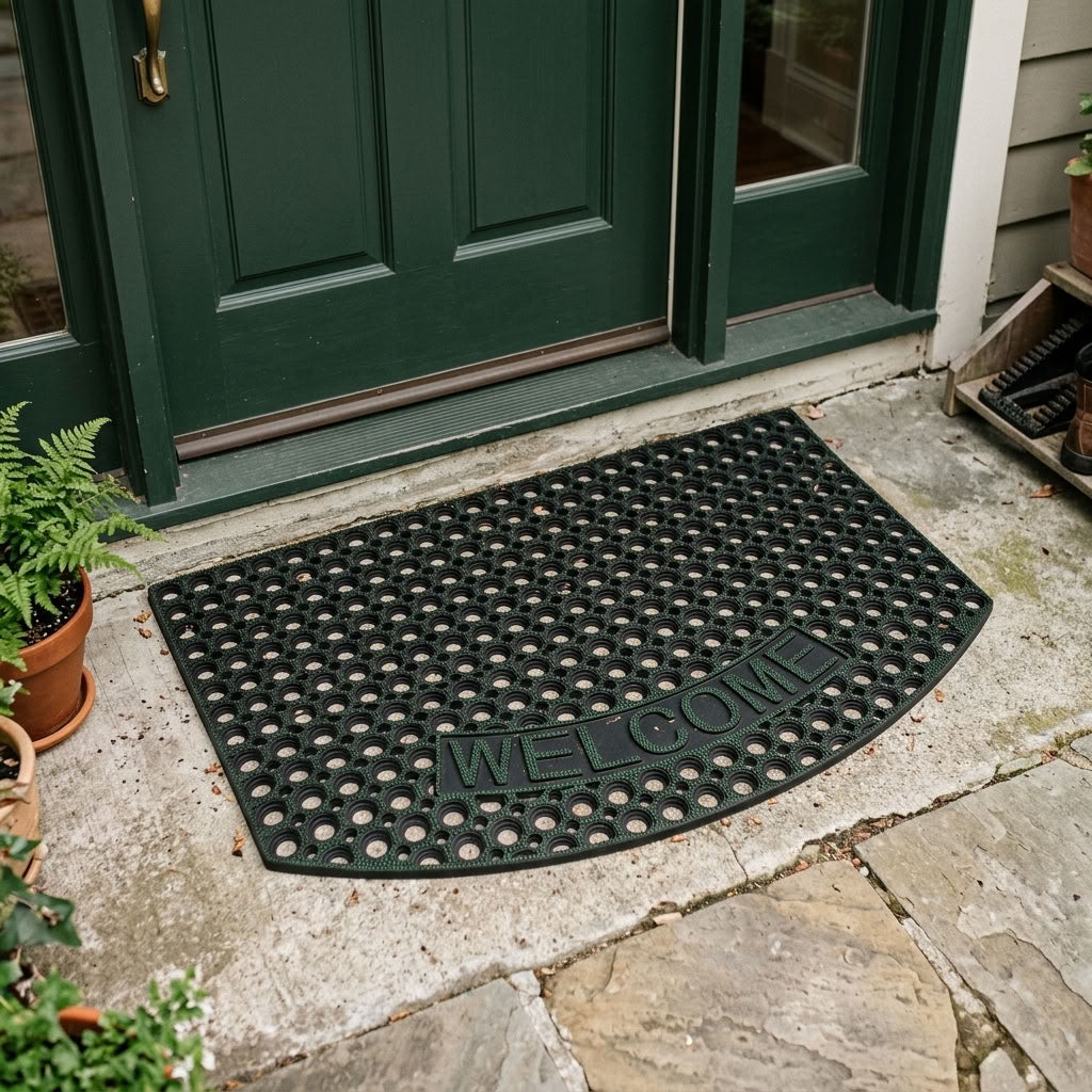 A black rubber doormat with a raised 'WELCOME' text and circular drainage holes, placed in front of a dark green front door on a stone patio.