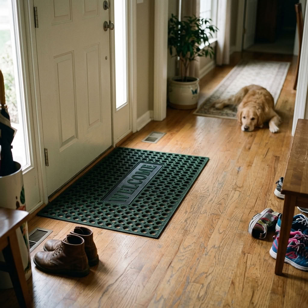 A dark green textured doormat with the word 'WELCOME' embossed in the center, placed in front of a white front door on a hardwood floor, and several shoes are scattered on the floor and bench nearby. Heavy-Duty Rubber Outdoor Door Mat with Drainage Holes