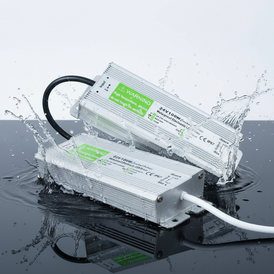 Two waterproof LED power supplies splashing into water on a reflective surface.