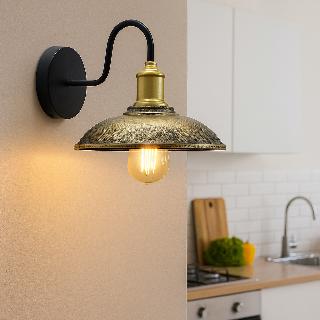 Vintage-style wall lamp with a light bulb on a kitchen wall