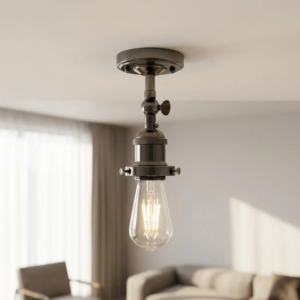 Industrial-style ceiling light fixture with a clear glass bulb and dark metal hardware, shown hanging from a ceiling in a softly lit living room.