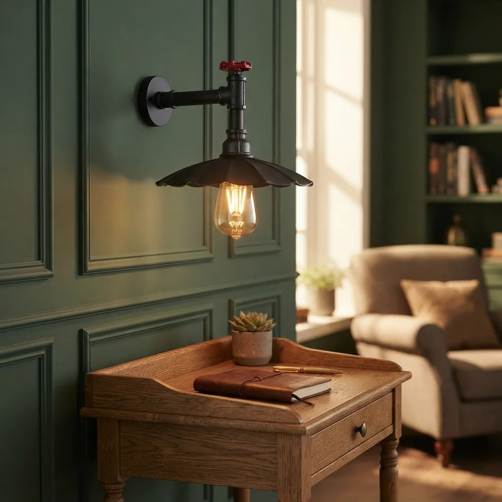 Industrial-style wall sconce with a black metal pipe arm, scalloped metal shade, and glowing Edison bulb, mounted on a dark green paneled wall above a wooden side table in a cozy room.