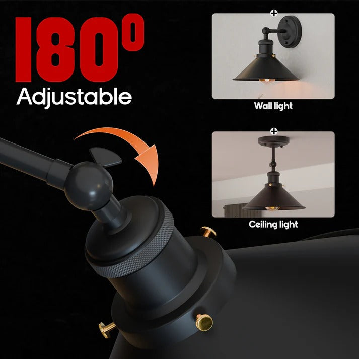 An industrial metal adjustable wall light sconce with a cone-shaped shade, shown with a label indicating 180-degree adjustability 
