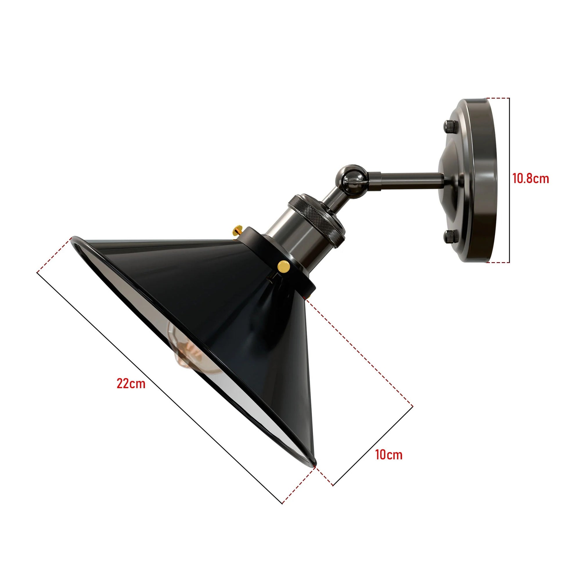 industrial metal wall light sconce with an adjustable arm and cone-shaped shade, shown with dimensions 
