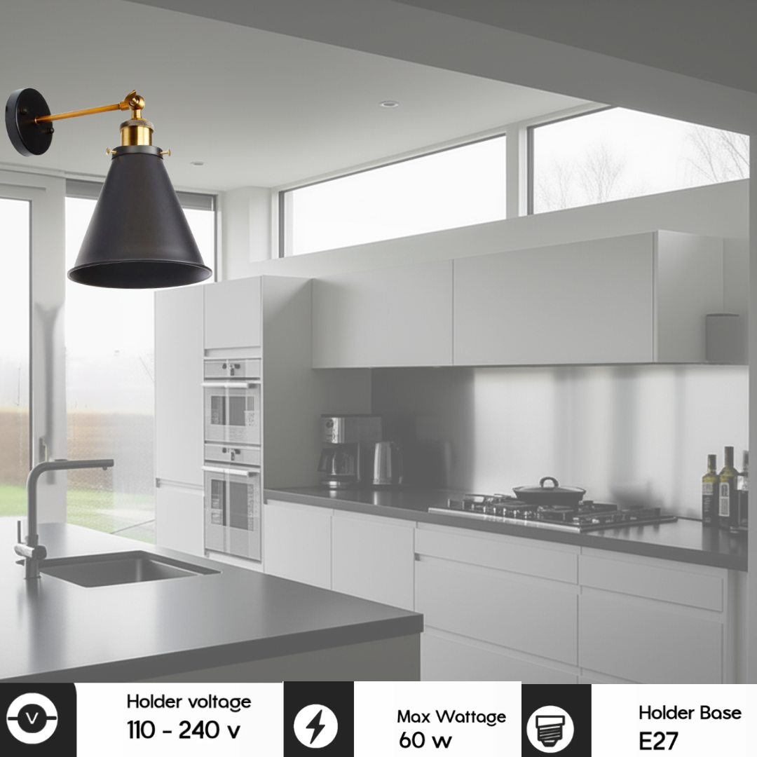 An industrial black metal adjustable wall sconce with  specifications 