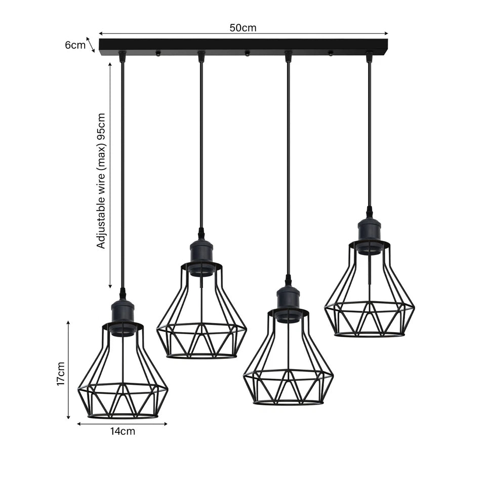  A set of four industrial black wire cage lampshade pendant lights with their dimensions