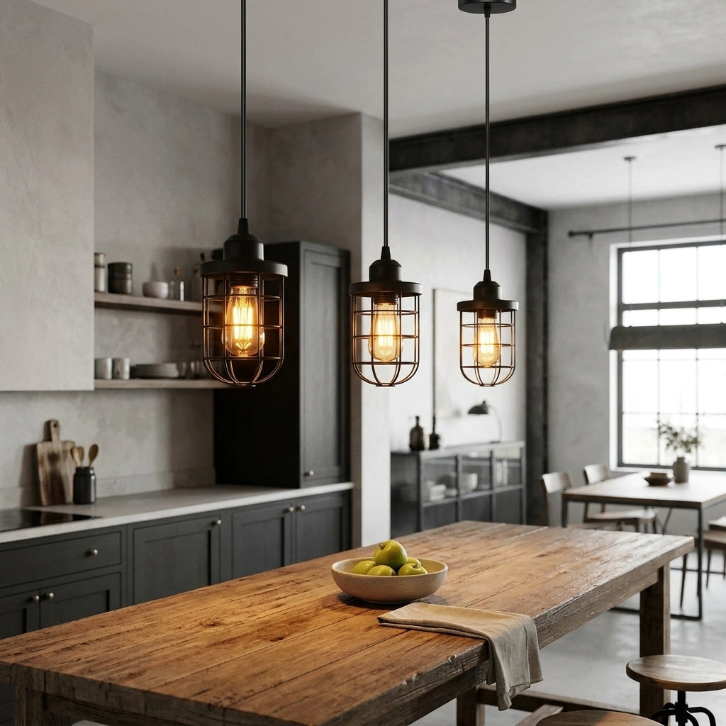 Modern kitchen with wooden table, pendant lights, and a view of another room.