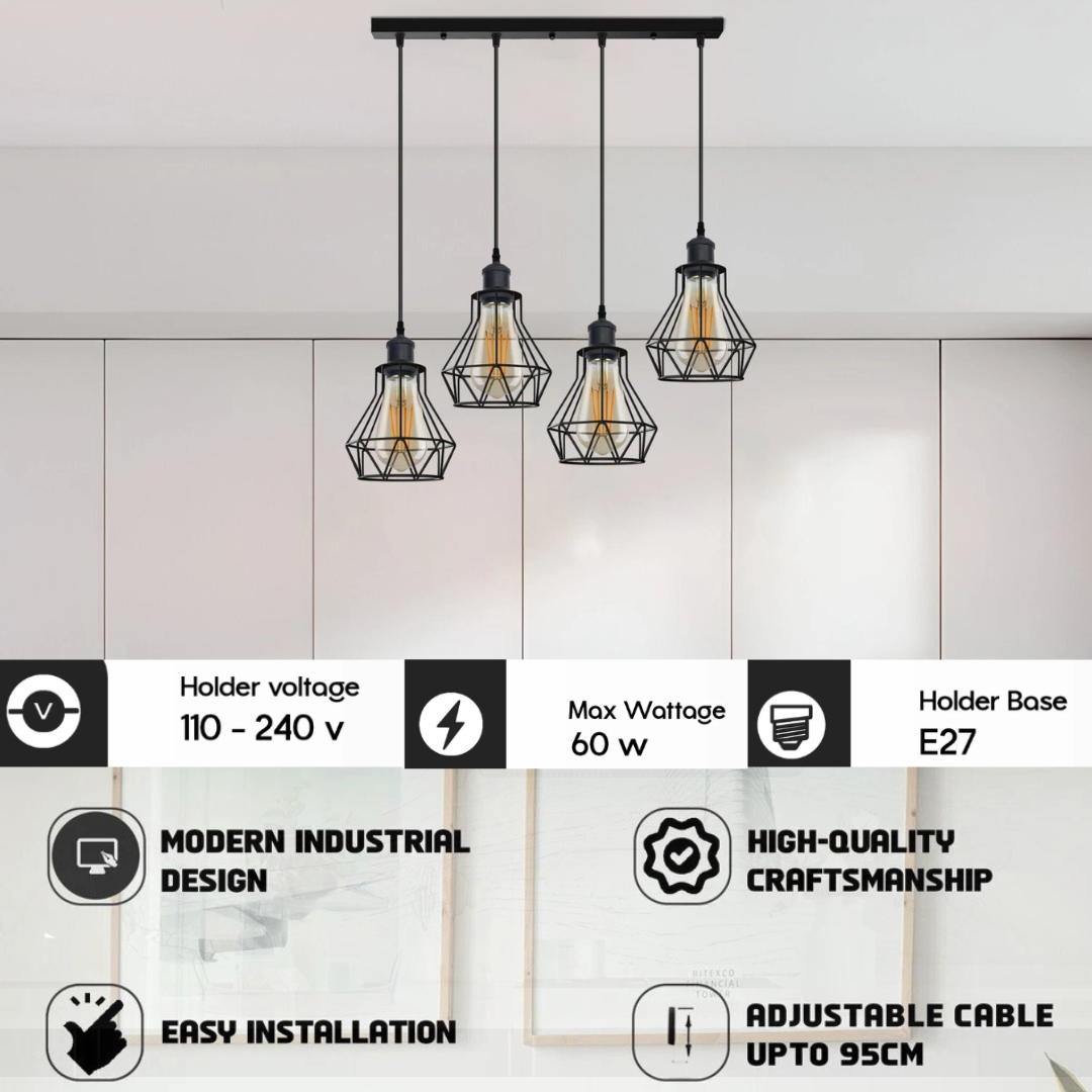 Four industrial black wire cage lampshade pendant lights  with specifications.