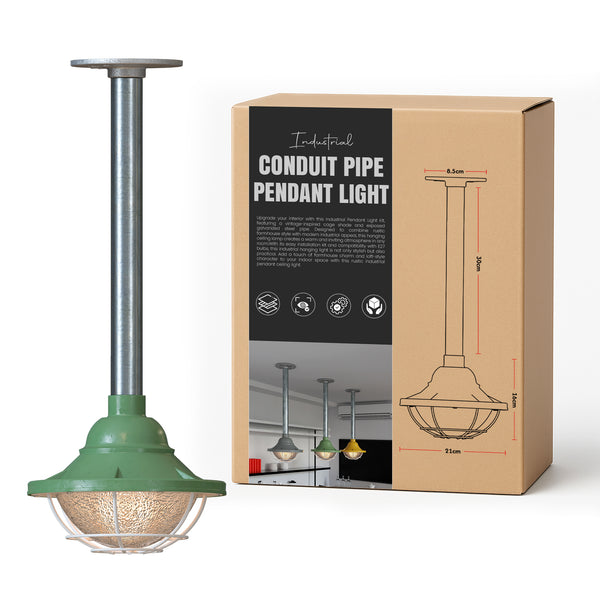 Industrial Pipe Pendant Light with Metal 21cm cage Hanging Conduit Set ~ 6112 – Green / 30cm / No