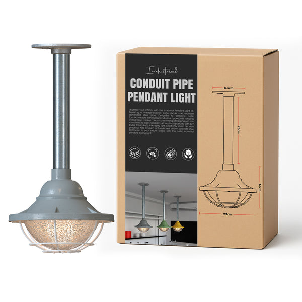 Industrial Pipe Pendant Light with Metal 21cm cage Hanging Conduit Set ~ 6112 – Grey / 25cm / No