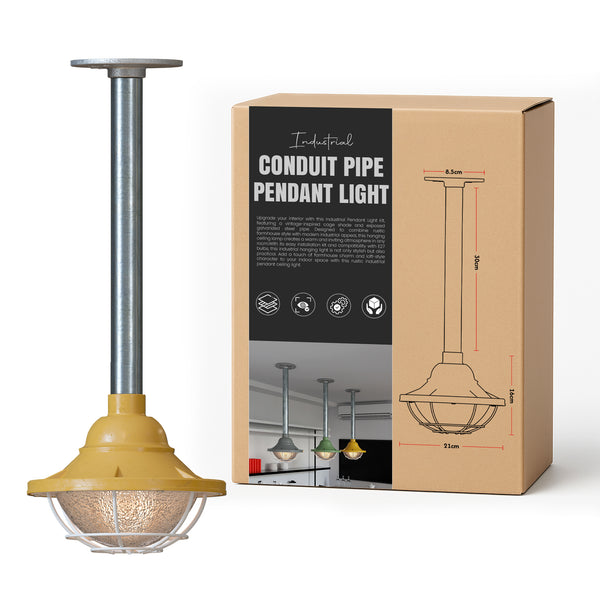 Industrial Pipe Pendant Light with Metal 21cm cage Hanging Conduit Set ~ 6112 – Yellow / 30cm / No